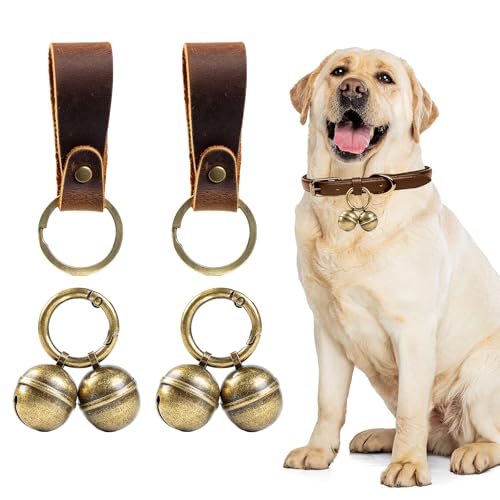 Geehouz Loud Dog Collar Bells, Durable Pet Bells Tracker for Large Dogs, 4 Copper ells and 2 Leather Button Strap for Outdoor Safety, Pet Tracking, Hiking, Walking
