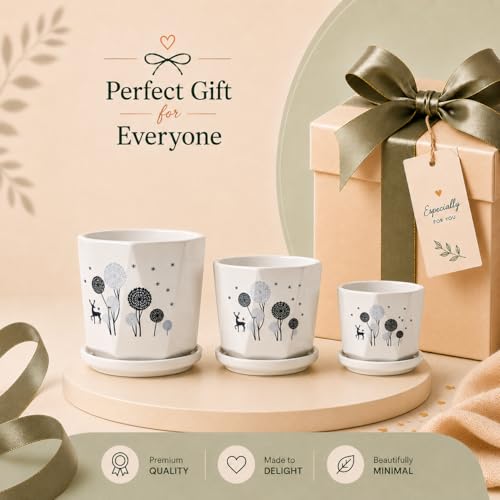 Image of Xtore Charming Ceramic Planter Pots Set of 3 with Drainage Tray | Minimalist Printed Flower & Deer Plant Holders for Home, Balcony & Office Decor (White - Planters Only)