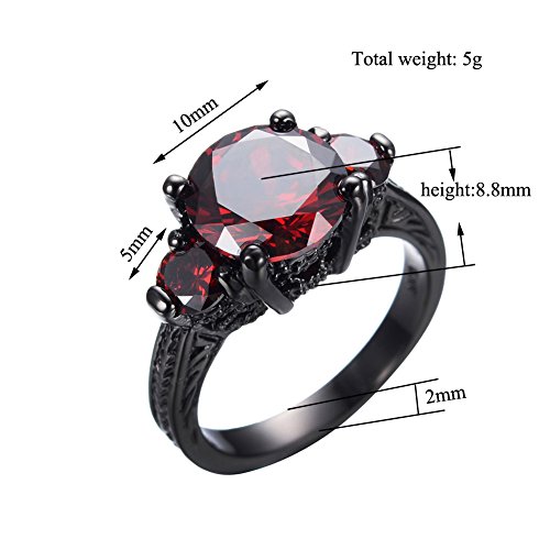 Junxin® Black Gold Round Cut Three-Stone Ruby Diamond Ring Cubic Zirconia Size6/7/8/9/10(6) #TOP1