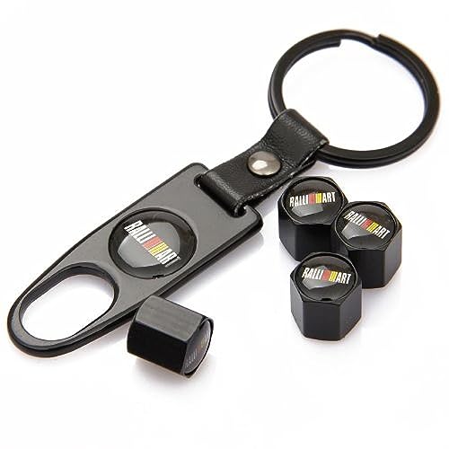 Ralliart Mitsubishi Black Tire Stem Valve Caps and Black Keychain Combo Set