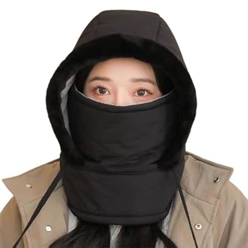 Ysaca Plush-Lined Thickened Thermal Hat with Face Mask for Men and Women, 3-in-1 Winter Warm Fleece Balaclava, Windproof Ski Hat & Cold Weather Scarf for Outdoor Sports (UK, Alpha, One Size, Black)
