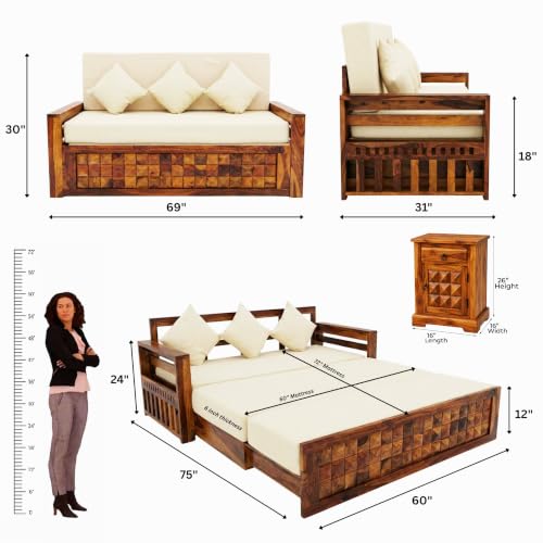 Image of SONA ART & CRAFTS Diamond Sheesham Wood Sofa Cum Bed with Bedside | 3 Seater with Storage and Side Pockets for Living Room Organizer Furniture Sofa Bed Home, Bedroom (Natural Finish)