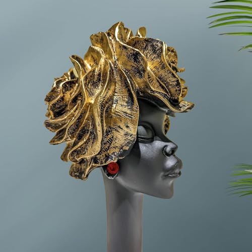 Image of Statue Decorative Showpiece - Luxury Black & Gold Resin Sculpture for Living Room, Office & Bedroom | Artistic Tabletop Home Decor Gift Item (African Flower Lady-6)