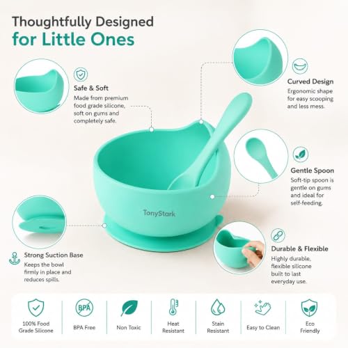 Image of TONY STARK Silicone Unbreakable Baby Bowl & Handle Spoon - Suction Design, Non-Slip, BPA Free, Dishwasher & Microwave Safe (Cyan, 2 Piece Set)