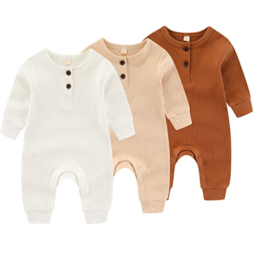 IADOER Barboteuse une pièce pour nouveau-né garçon fille avec poignets moufles Lot de 3 combinaisons à manches longues et boutons côtelés, Lot de 3 manches longues blanc + abricot + bronzage, 3 months