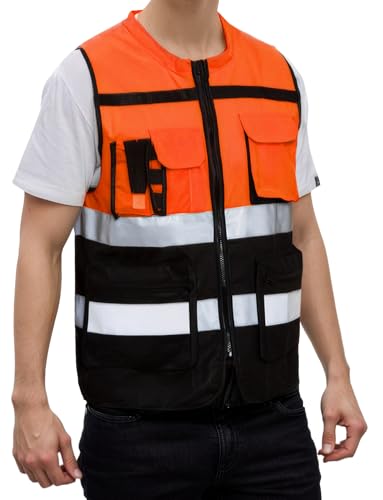 Ausing Gilet de sécurité Hi-Vis Néon Orange Adulte Gilet réfléchissant avec poches zippées Léger Vêtement de travail respirant