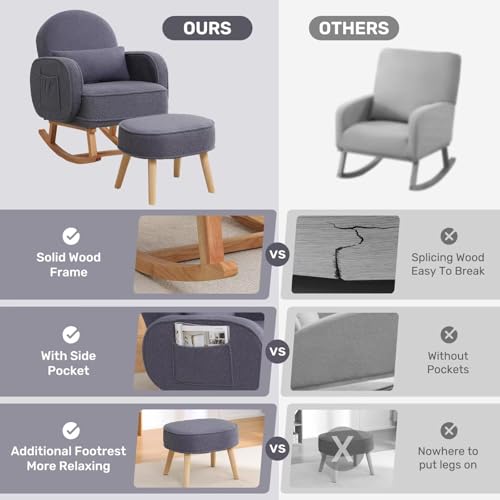 Image of Nursery Rocking Chair with Ottoman, Upholstered Glider Rocker with High Backrest and Side Pocket, Rocking Accent Armchair with Solid Wood Legs for Nursery, Living Room, Bedroom Dark Grey