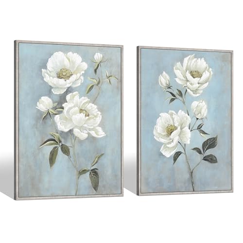 Flower Canvas White Wall Art: Living Room 2 Pieces Floral