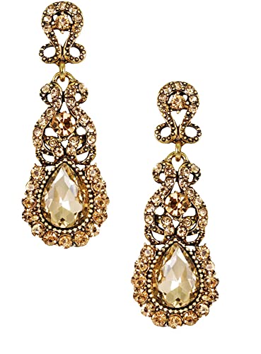 Antique Gold Vintage Retro Deco Victorian Style Champagne Amber Yellow Topaz Citrine Rhinestone Statement Earrings