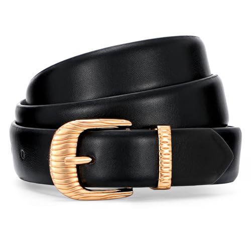 WHIPPY Leather Belts for Women Casual Waist Belt with Shiny Gold Buckle Ladies Fashion Belt for Jeans Pants, Black Gold, S