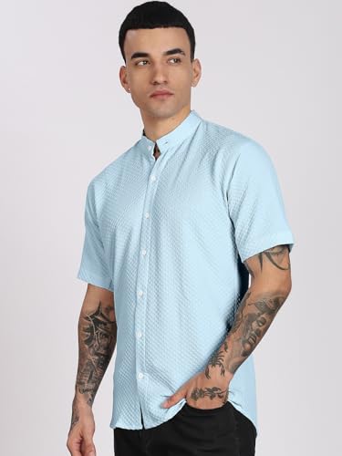 Image of Men's Regular Fit Solid Casual Shirt - Short Sleeve, Mandarin Collar, Lightweight Polyester, Stylish Everyday Wear