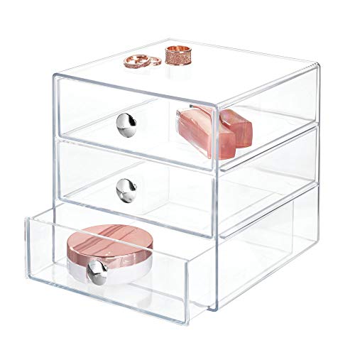 iDesign Make-Up Organizer mit 3 Schubladen, quadratische Schubladenbox aus Kunststoff, kompakter Schubladenturm für Schminke und Kosmetika, durchsichtig
