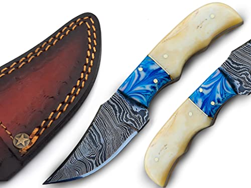 Knifeify Skinner Fixed Blade, Damascus Steel Knife - Fixed Blade Knives - Bush Craft Knife - Hunting Knife & Camping Knife - Skinning Knives & Hunting Knives, With Bone & Resin Bolster Handel Real Leather Knife Sheath (Camel Bone) #TOP5