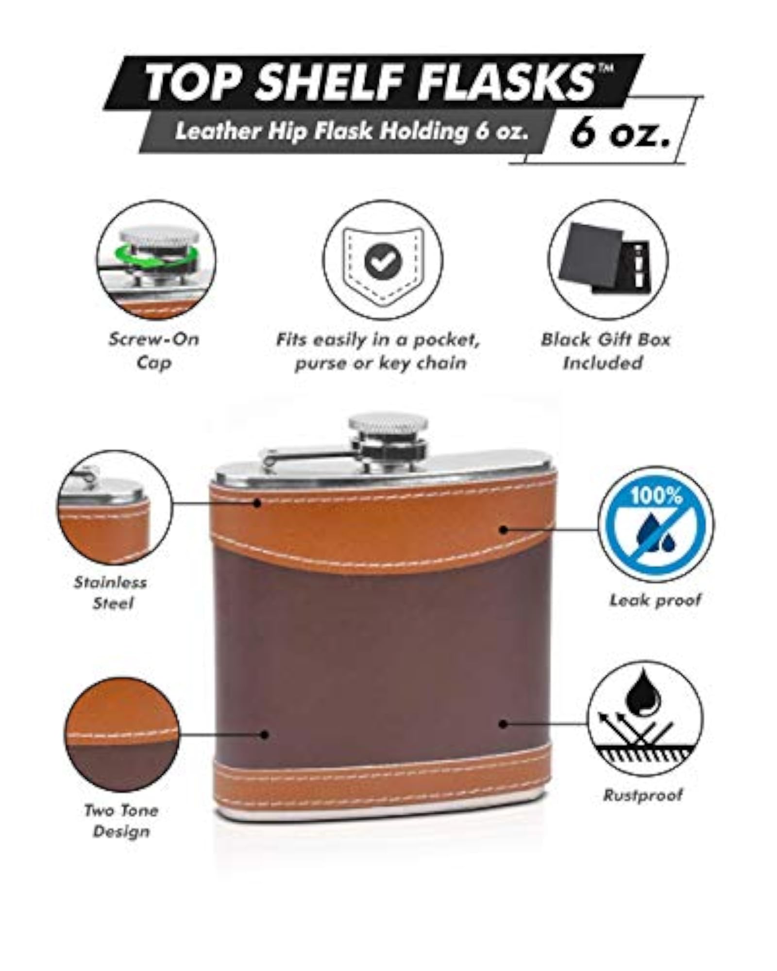 Leather Hip Flask, 6 oz Two Tone Design