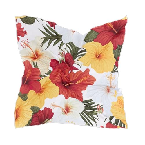 Yellow Red Hibiscus Silk Scarf Women's Fashion Square Satin Headscarf Neck Scarf Head Hair Wraps 23.6 Inches