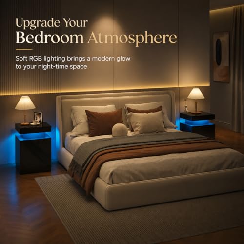 MXV Nightstand with LED Lights & Charging Station, Black Bedside Tables with USB Ports, Storage Cabinet & Drawers for Bedroom, Modern End Tables for Living Room by MXV - Image 2