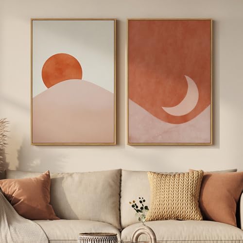 Framed Boho Terracotta Sun and Moon Wall Art Bedroom, Set of 2 Abstract Mid Century Modern Canvas Artwork for Walls, Bohemian Blush Paintings Prints Wall Decor Living Room Home Office, 16x24 Inch