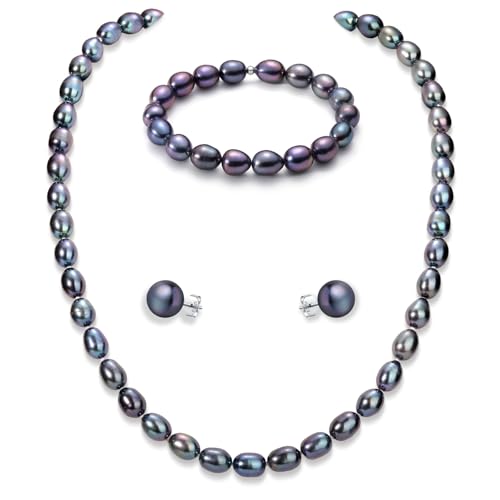 YAMI Perlenkettenset Schwarz Perlenschmuckset Perlenohrringe Perlenkette Damen Perlenarmband 67 mm 925er Sterlingsilber Damenschmuck für Jeden Anlass