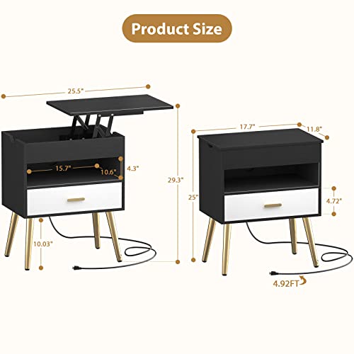 Cyclysio 30 Inches Nightstand Set Of 2 With Reversible Lift Top, Large Night Stand With Led Lights, Tall Bedside Table With Charging Station, High End Side Table For Bedroom, Sofa Side, Black #TOP2
