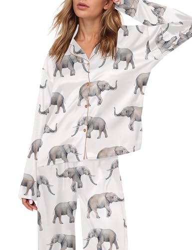Image of SHESHOW Satin Pajamas Set for Women Set Long Sleeve Button Down Pjs Sets 2 Piece Loungewear Animal Sleepwear XS-XXL