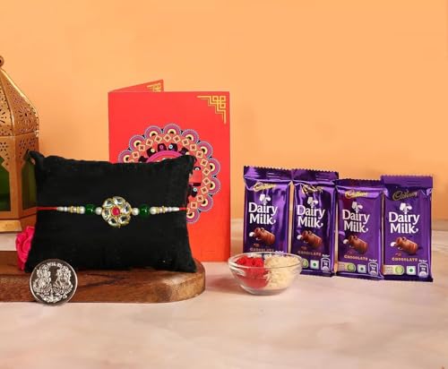 Image of Frostick Designer Rakhi With Branded Chocolate for Bhaiya /Bhai /Brother With Greeting Card, Tilak Chawal And Silver coin (Diary Milk 4Pcs) (Random Design Rakhi)