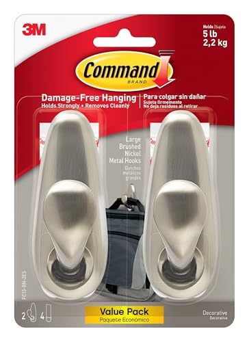 Command 5 lb Large Brushed Nickel Metal Hooks, 2 Coat Hooks and 4 Strips, Damage-Free Hanging with Adhesive, Great for Christmas Decorations