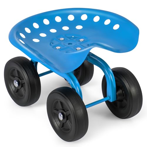 Goplus Garden Cart with Wheels, Utility Stool Cart w/Adjustable 360 Degree Swivel Seat, Outdoor Lawn Yard Rolling Work Seat, Garden Scooter for Planting (Blue)