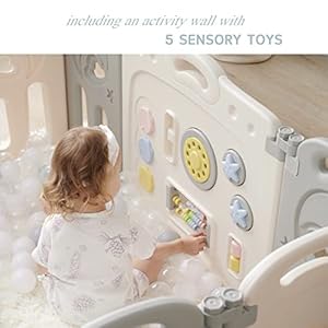 Fortella cloud castle foldable playpen baby safety play yard with whiteboard and activity wall indoors or outdoors gray 14 panel  urban country home decor