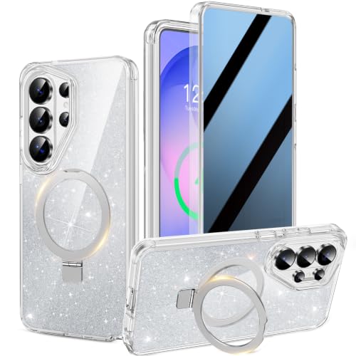Magnetic Privacy Case for Samsung S26 Ultra [DIY Glitter Cardstock] [Invisible Magnetic Kickstand] Built-in Anti Peep Screen Protector, Camera Protection Full Body Glitter Case for Women - Clear