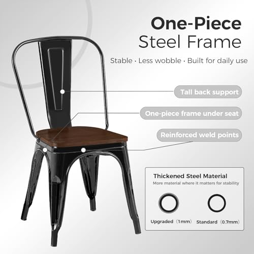 Image of Metal Dining Chairs with Backrest, Wood Seat, Black, 4 Pack | Easy Assembly, Non-Slip Feet, 330 lb Capacity, Kitchen, Restaurant, Cafe, Pub, Covered Patio