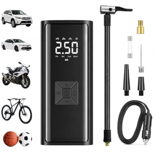 Image of LIVOWALNY Tyre Inflator for Car and Bike, Upto 150 PSI 12V DC Portable Air Compressor Pump with Digital LED Display, Emergency Light & 4 Intelligent Modes, Corded Electric Tyre Air Pump for Car