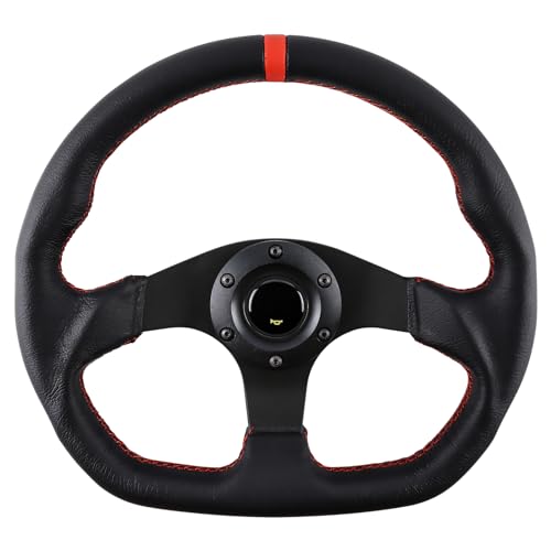QYMOPAY 13 inch 6 hole Racing Steering Wheel 3 Aluminum Spoke with Horn Button, Red Stitched Leather Black Flat Bottom Steering Wheel (Red Stripe), SW068A-RD