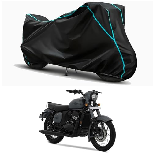 Image of Waterproof Bike Body Cover Compatible for | Jawa Single Channel BS6 | Taffeta Fabric, Sky Piping Design, Bottom Elastic Fit | Dustproof, Sun UV & Rain Protection for All Weather.
