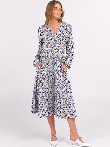 Image of ANRABESS Womens Fall Long Sleeve Boho Floral Tiered Midi Dress | V-Neck Lantern Sleeve A-Line Dresses with Pockets, Comfy Stretchy, Casual Work Vacation Daily Wear, Winter Spring Outfits