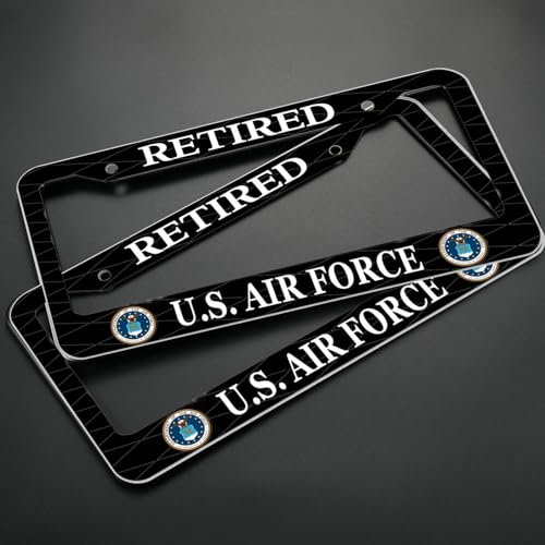 Image of 2PCS License Plate Frames for Retired U.S.Air Force,Car License Plate Bracket Holder, Premium Aluminum Alloy Weather Proof License Plate Covers with Screw Caps Cover Set Car Accessories