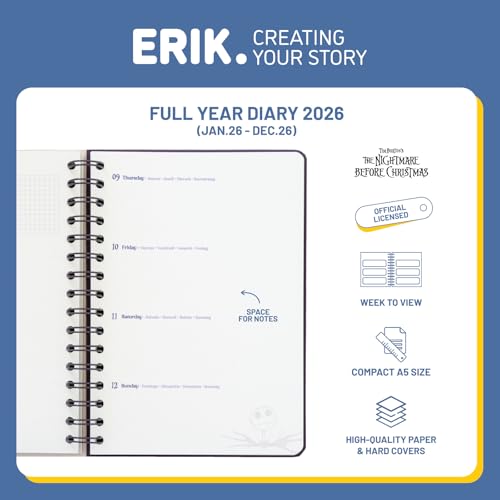 Grupo Erik 2026 Diary A5 Week To View - Disney The Nightmare Before Christmas Gifts | A5 Weekly Planner 2026 With Diary Stickers, Pocket, Bookmarks, January 2026 - December 2026 | Disney Gifts
