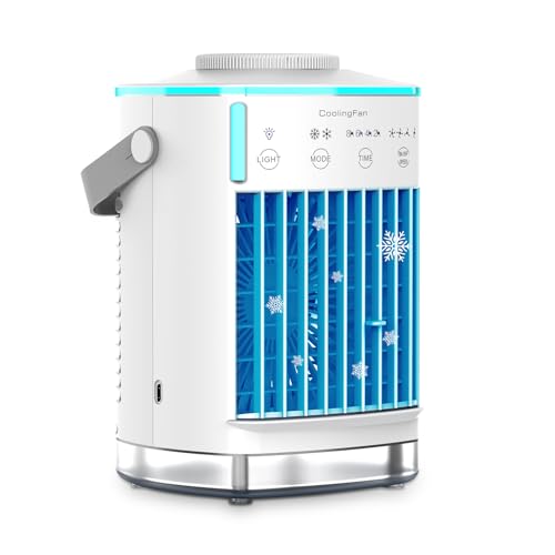 冷風機 冷風扇 卓上クーラー【2026新型】一台4役 送風 冷却 加湿 スプレー冷却 熱中症と暑さ対策 タイマー 静音設計 LEDライト搭載 卓上扇風機 氷冷却 強力 3段階風力調節 スプレー用 空気浄化 乾燥防止 持ち運び 省エネ 軽量 ミニ冷風機 アダプタ付き 日本語取扱説明書付き (ホワイト) 水ディスペンサーがあります 冷風扇 4段階風