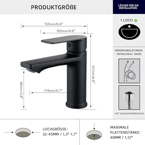 BELZ Wasserhahn Bad, Einhebel-badarmatur, Armatur Badezimmer, Mischbatterie Bad, Höhe 96 mm, Energiesparend Waschbeckenarmatur Einhebelmischer für Badezimmer, Matt Schwarz