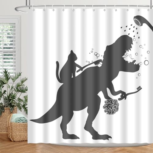 Image of Cat Dinosaur Shower Curtain Funny Cat Help Dino Bathe for Kids Boys Trex Silhouette Shadow Black White Bathroom Waterproof Polyester Fabric 60Wx72L Inch with Hooks