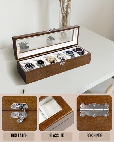 Image of Exper Watch Box, Rustic Brown, 6-Slots, Men Women, Wooden | Large Glass Lid, Display Storage, Watch Case, Organizer