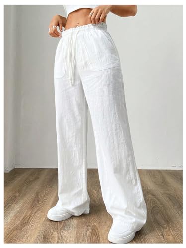 WDIRARA Women's Drawstring Waist Slant Pockets Wide Leg Pants Summer Solid Causal Loose Pants4