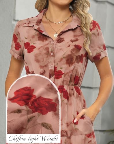 Image of Kranda Women 2026 Summer Collared V Neck Short Sleeve Button Down Chiffon Long Tiered Floral Maxi Dress with Pockets