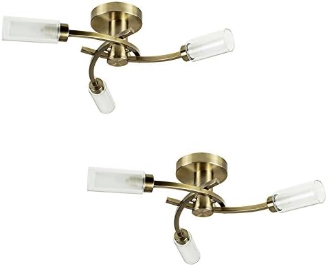 Pair of - Modern 3 Way Spiral Flush Antique Brass Effect Ceiling Light Fittings with Elegant Clear and Frosted Glass Shades