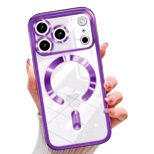 Image of Misscase for iPhone 17 Pro Max Case with Privacy Screen Protector, Built-in Lens Protector, Compatible with MagSafe, Anti-Yellowing Shockproof TPU, Bling Glitter Electroplated Cover 6.9 inch Purple