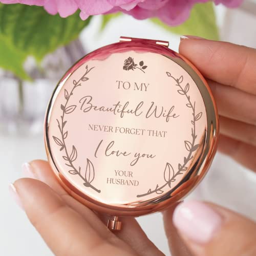 To My Beautiful Wife Rose Gold Compact Mirror - Romantic Wedding Anniversary For Wife From Husband, Wife Birthday, Mothers Day Or Valentines. I Love You Sentimental Mirror For Her With Laser Engraving #TOP2