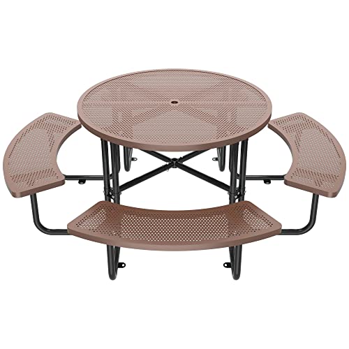 Round Steel Commercial Metal Picnic Table 46" For Outdoor, With Umbrella Hole Of Up To 1-1/2" Diameter, Brown #TOP6