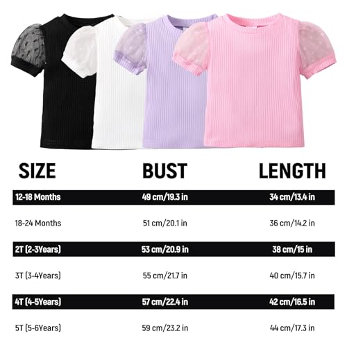 Image of OPAWO Toddler Girl Shirts, Puff Dot Sleeve Baby Tee Shirt, Ribbed Short Sleeve T-Shirt, Solid Color Girls Tshirt Tops, 12M-7Y