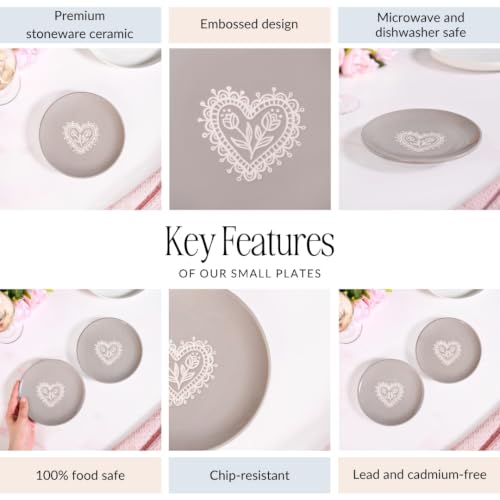 Image of Nestasia Ceramic Snack Plate Set of 2 (15cm Each) - Small Round Heart Embossed Serving Plate for Desserts, Starters & Salad | Microwave & Dishwasher Safe, 100% Food Safe & Chip-Resitant (Taupe Grey)