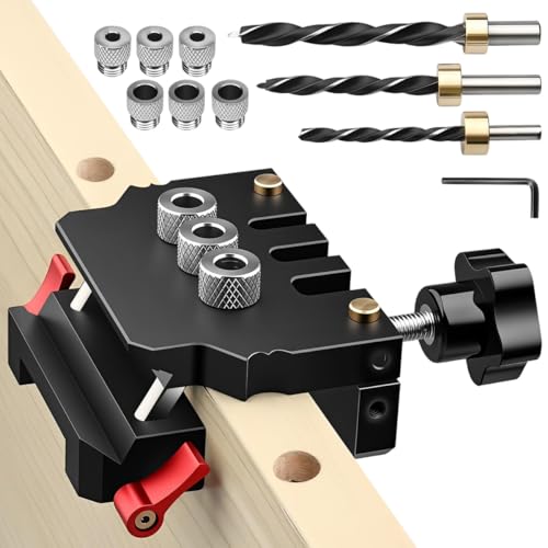 Image of Serplex Self-Centering Dowel Jig Kit, 3-Hole Precision Woodworking Drill Locator with Adjustable Aluminum Alloy Clamp, Drill Guide with Bushings, Brad Point Drill Bits and Depth Stop Collars