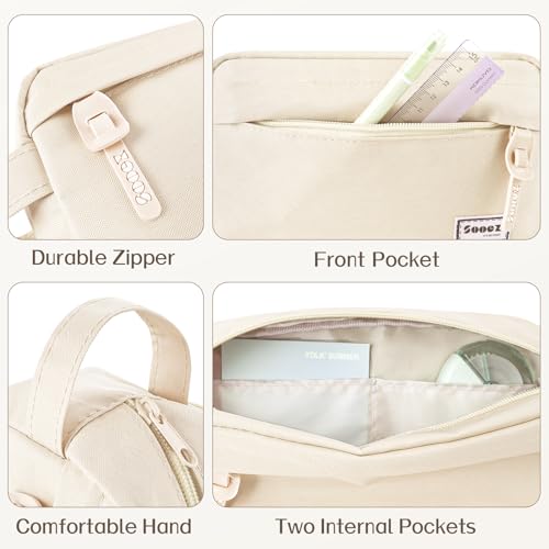 Image of Sooez Original High Capacity Pencil Case, Big Pencil Bag Pouch Box Organizer Pen Case, Aesthetic Supply for Girls Adults, Portable Journaling Supplies with Easy Grip Handle & Loop, Beige